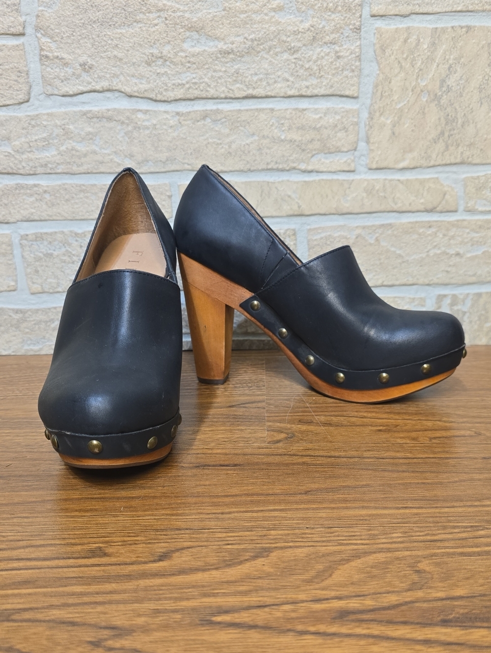 FIEL DARDENNE Pump Black Leather Wood Heel Clogs Brass Studs Size 7